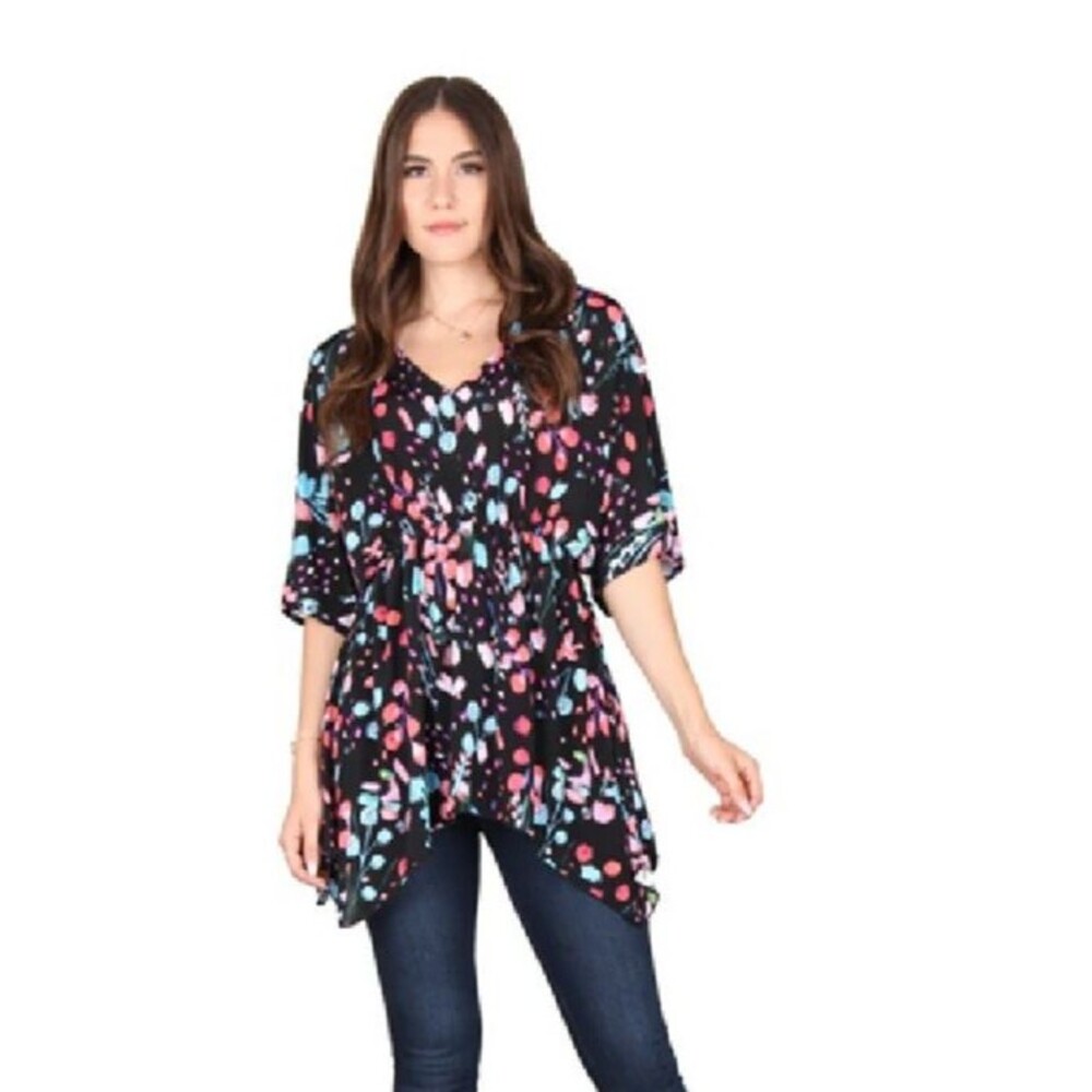NWT Lildy Black Floral Kimono Sleeve Tunic Top Size S-M Blouse Top